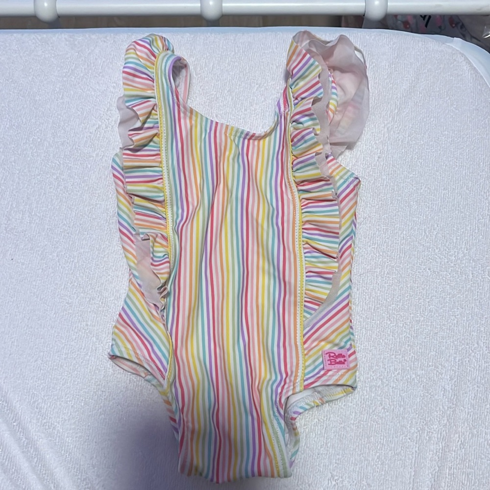 Rainbow stripe Ruffle Butts swimsuit 12m